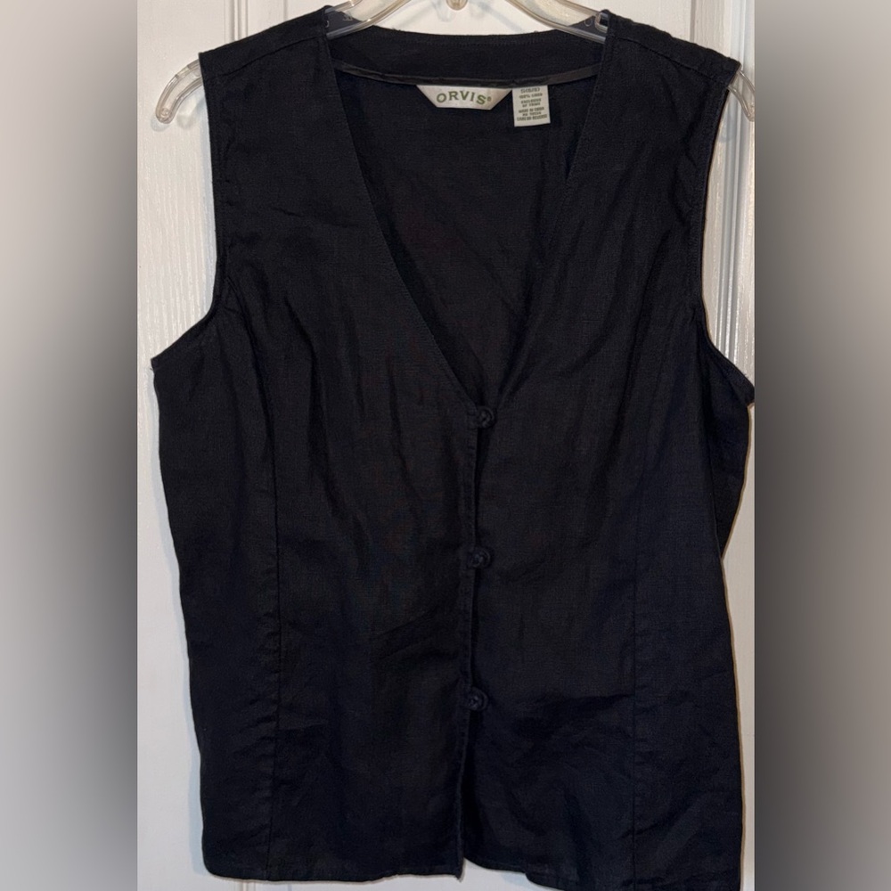 Orvis Black 100% Linen Button Front Vest Size S
